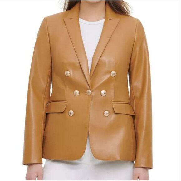 Calvin Klein Size 14 Faux Leather Double Breasted Blazer Jacket Tan - Picture 1 of 11